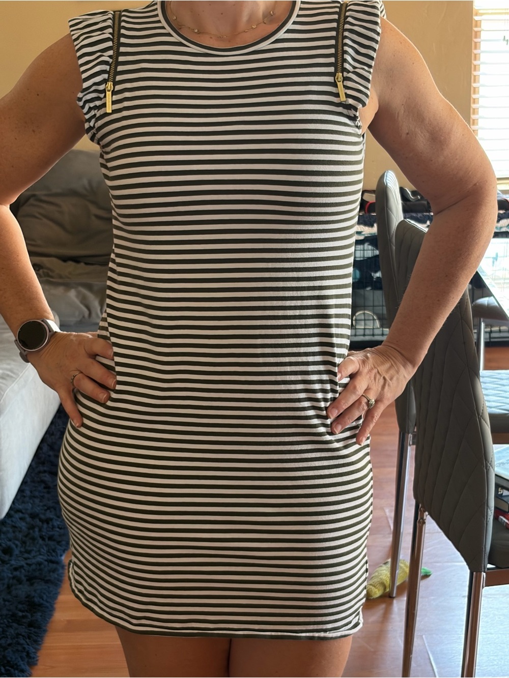 Michael Kors Olive and White Striped Sleeveless Dress | EUC | Sz S
